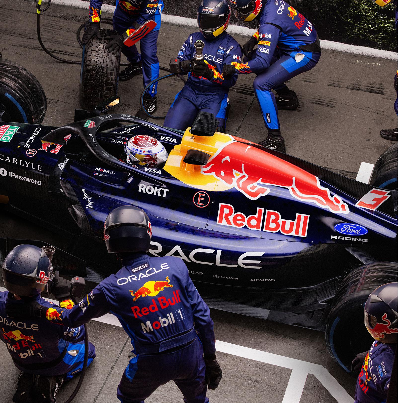 Red Bull Formula One car coming in for a pit stop