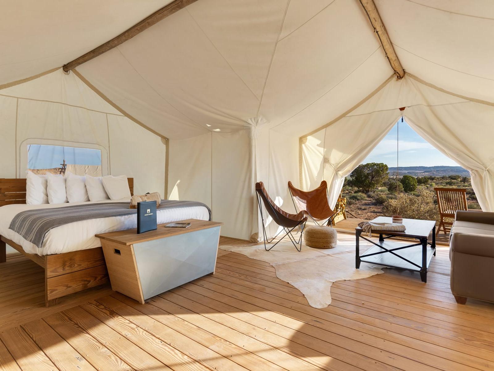 The inside of an Under Canvas® tent