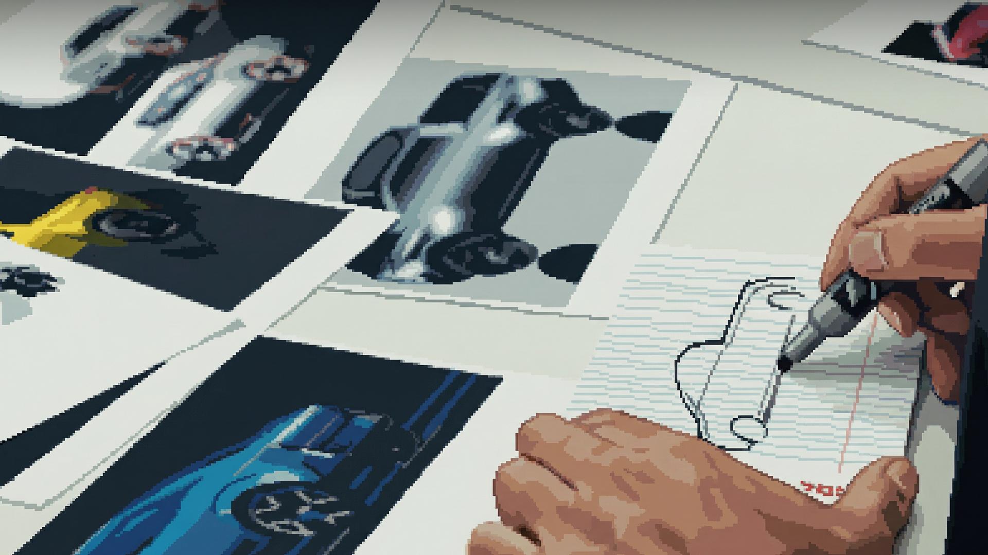 Close-up of hands on a drafting table drawing the silhouette of a pickup truck
