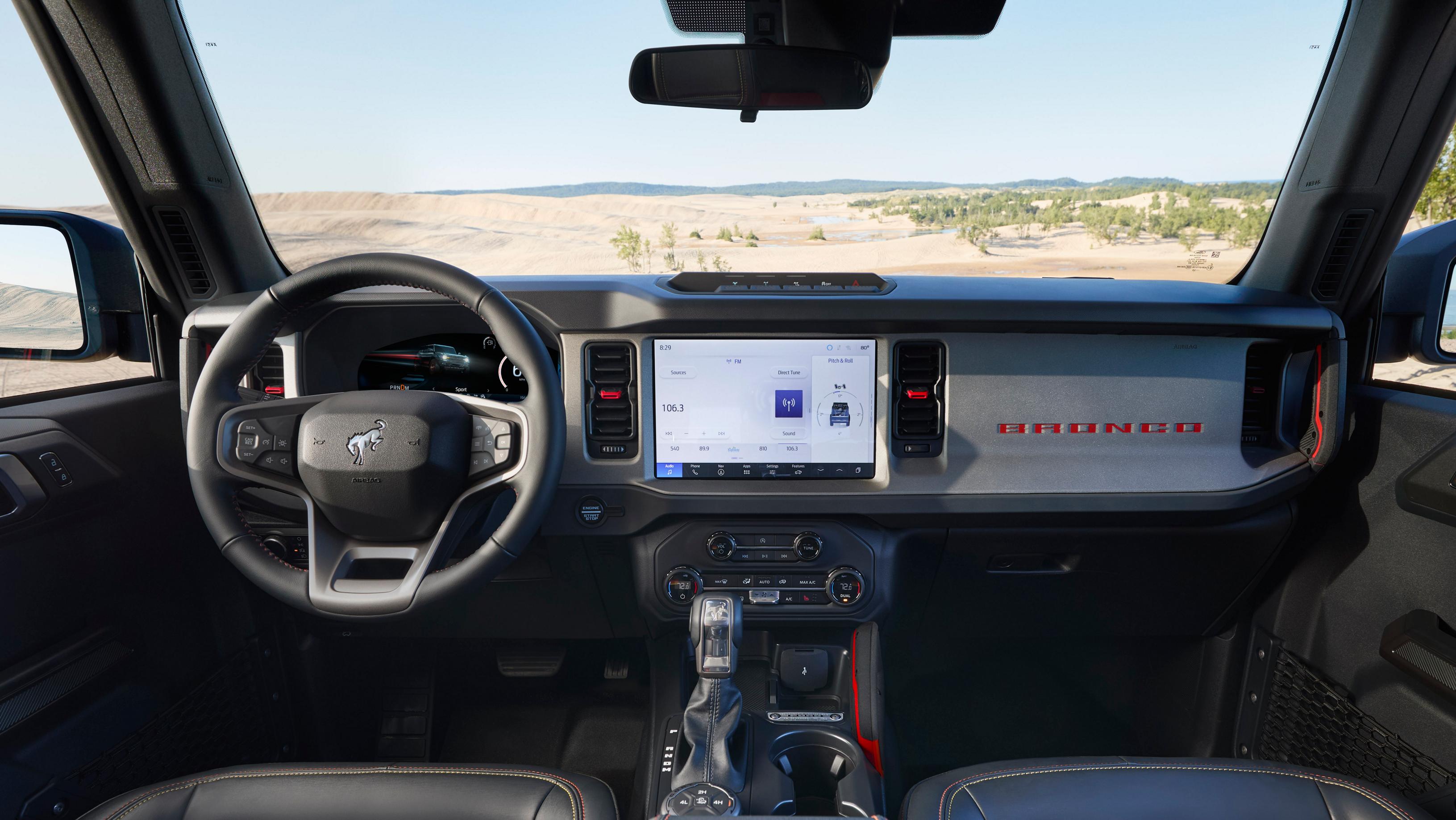 The dashboard of a 2025 Ford Bronco® SUV, showing the 12-inch touchscreen
