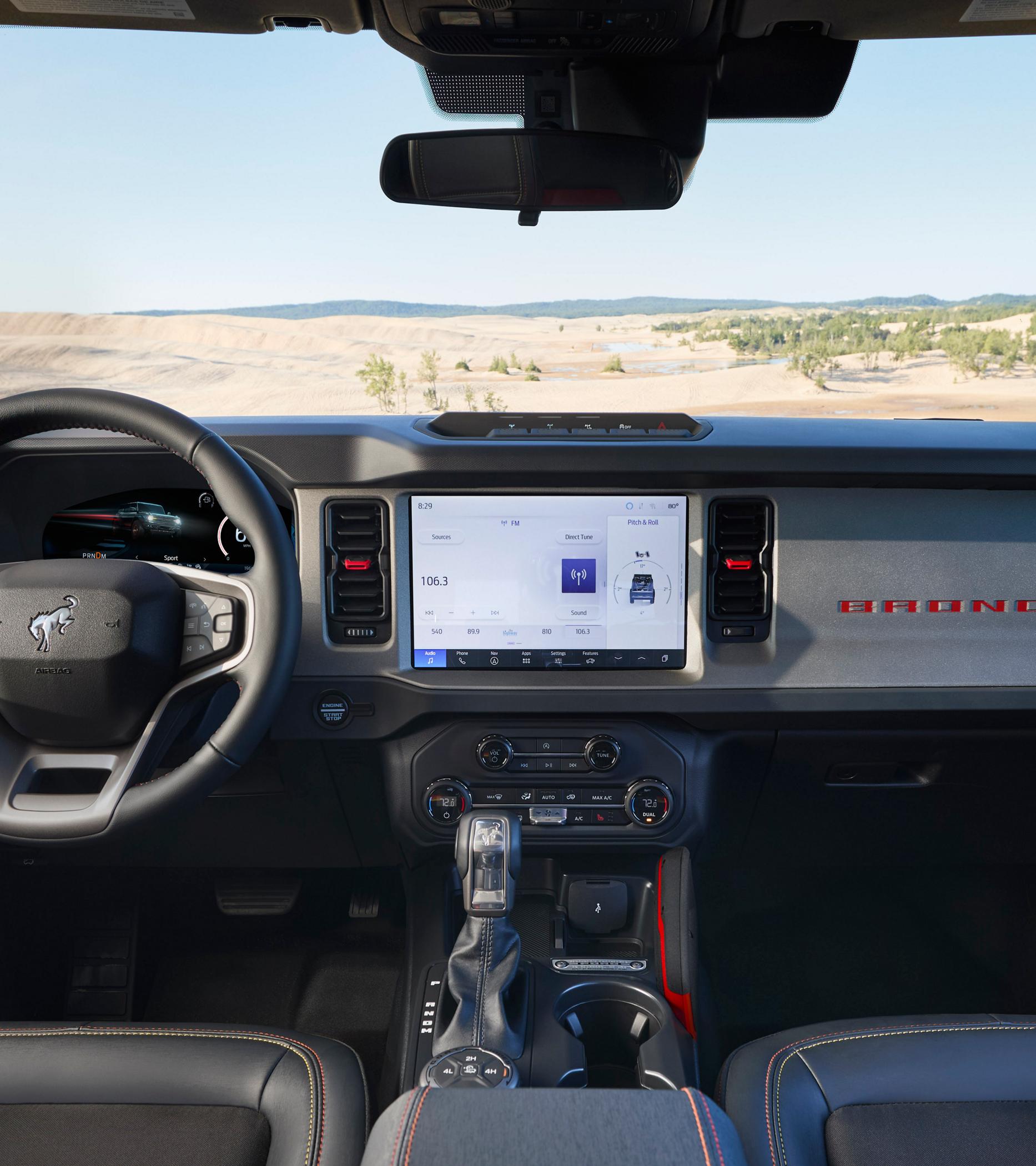 The dashboard of a 2025 Ford Bronco® SUV, showing the 13.2-inch touchscreen