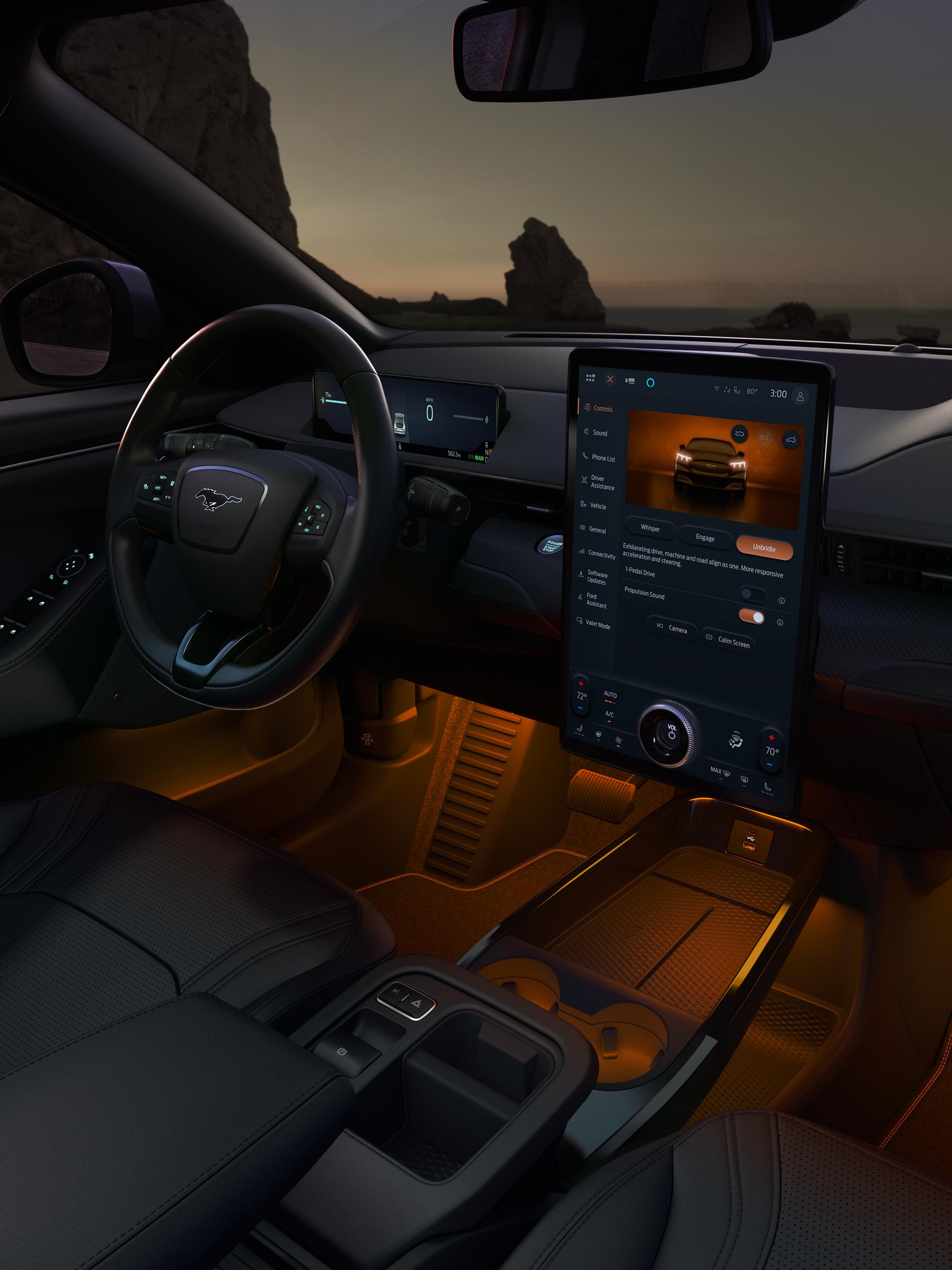 Interior of a 2025 Ford Mustang Mach-E® with ambient lighting