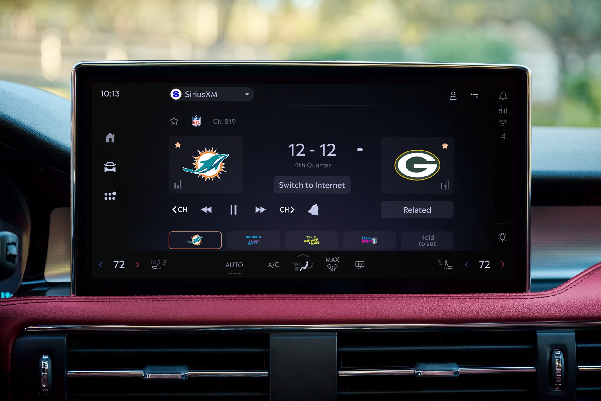 The SiriusXM Radio app is shown on a touchscreen inside a Lincoln vehicle.