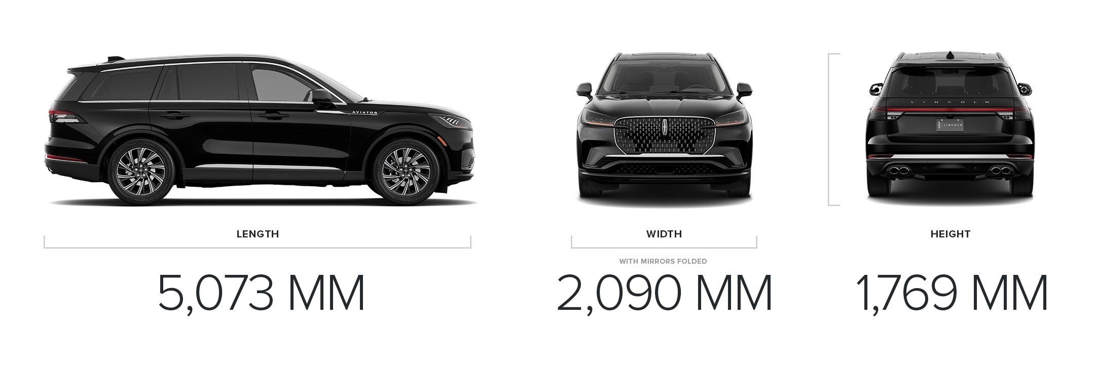 A collage of images show the length, width, and height of the 2025 Lincoln Aviator Premiere model