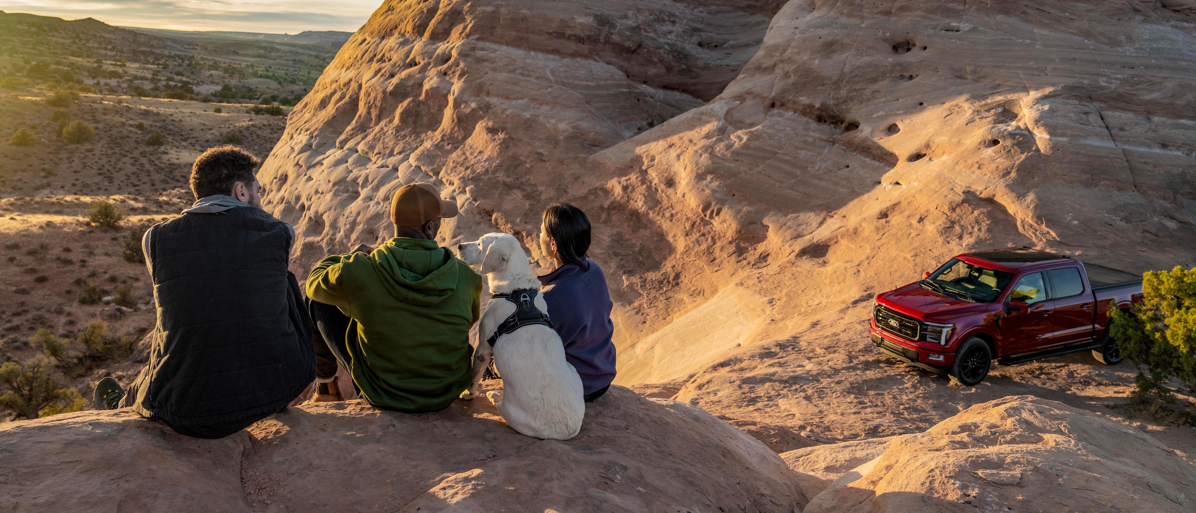 A few friends and pet dog sit on a peak overlooking the valley below, their Ford F-150® truck parked down below