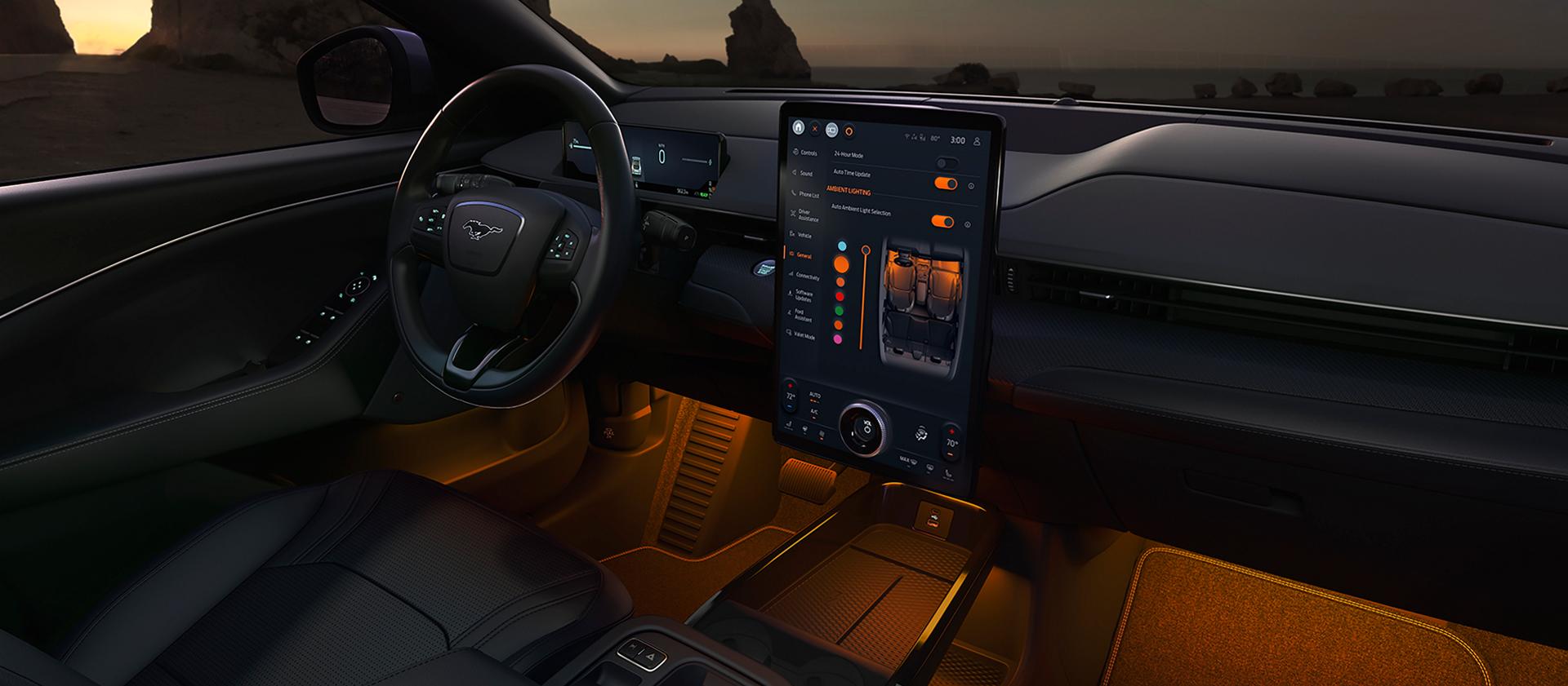 Driver's seat, 15.5-inch center display, and storage areas of the 2026 Ford Mustang Mach-E® SUV