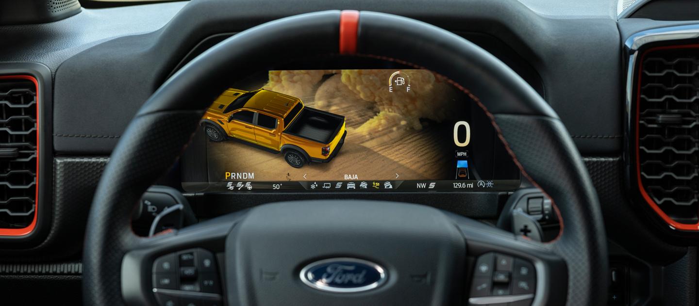 Close-up of the cluster display inside the 2026 Ford Ranger® Raptor® truck
