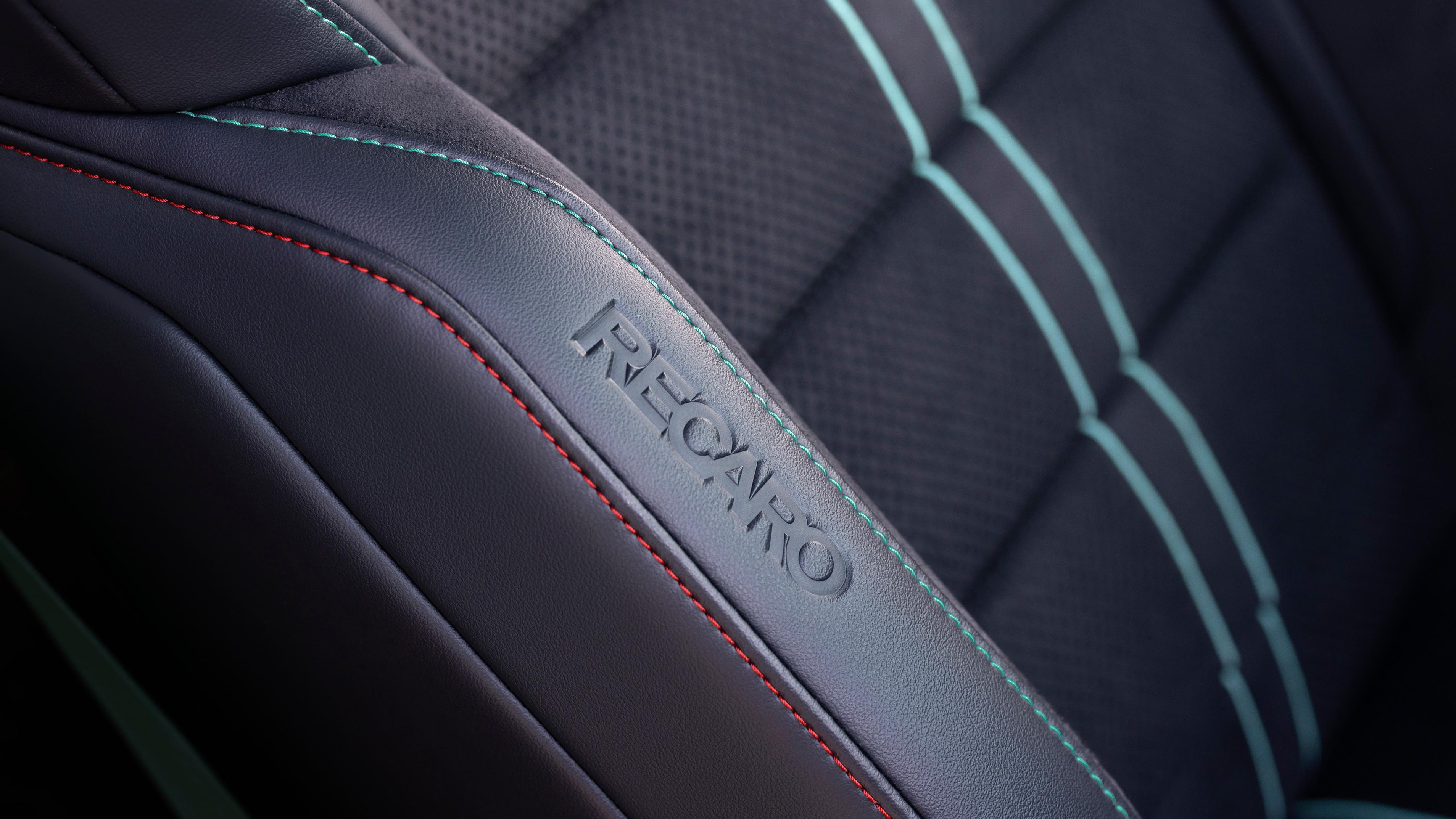 The Recaro leather and Dinamica sport seats for the 2026 Ford Mustang Dark Horse® SC with Track Pack shown