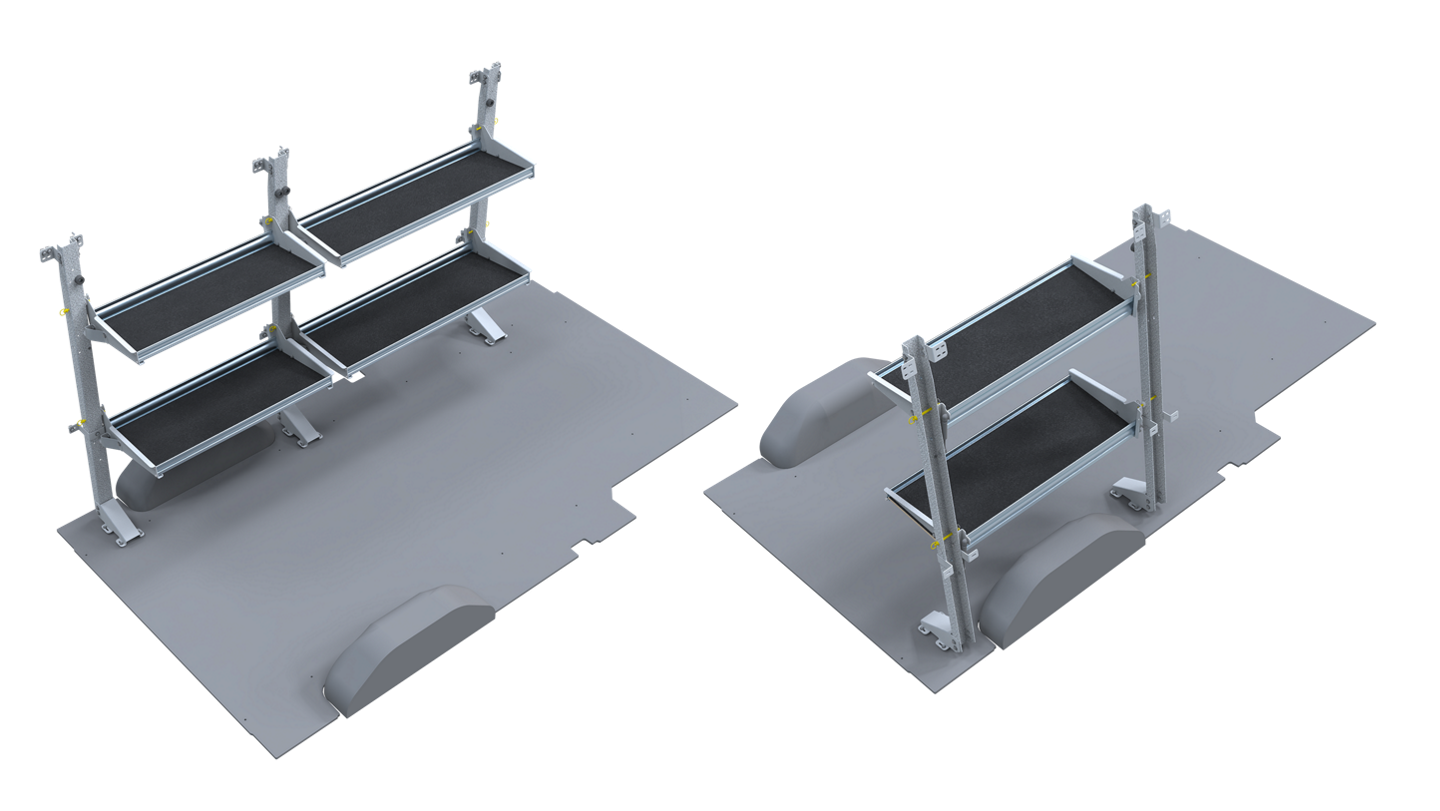 Available folding shelving package, designed specifically to fit the 2025 Ford E-Transit™ van rear footprint