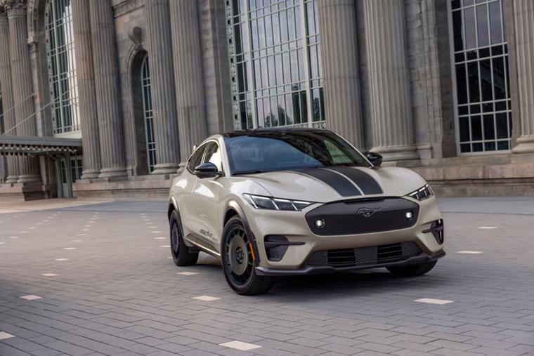 2025 Ford Mustang Mach-E® parked in front a building with columns