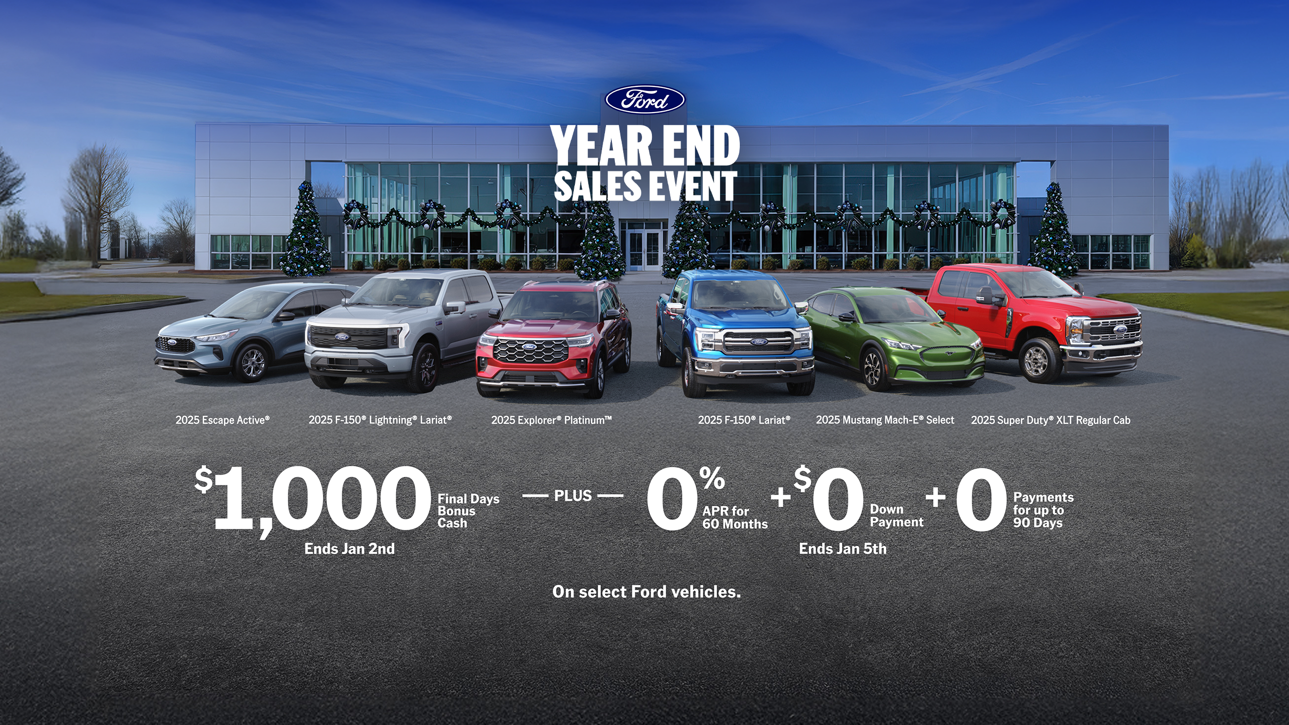 An exterior shot of a Ford dealership with the Ford lineup of vehicles outside