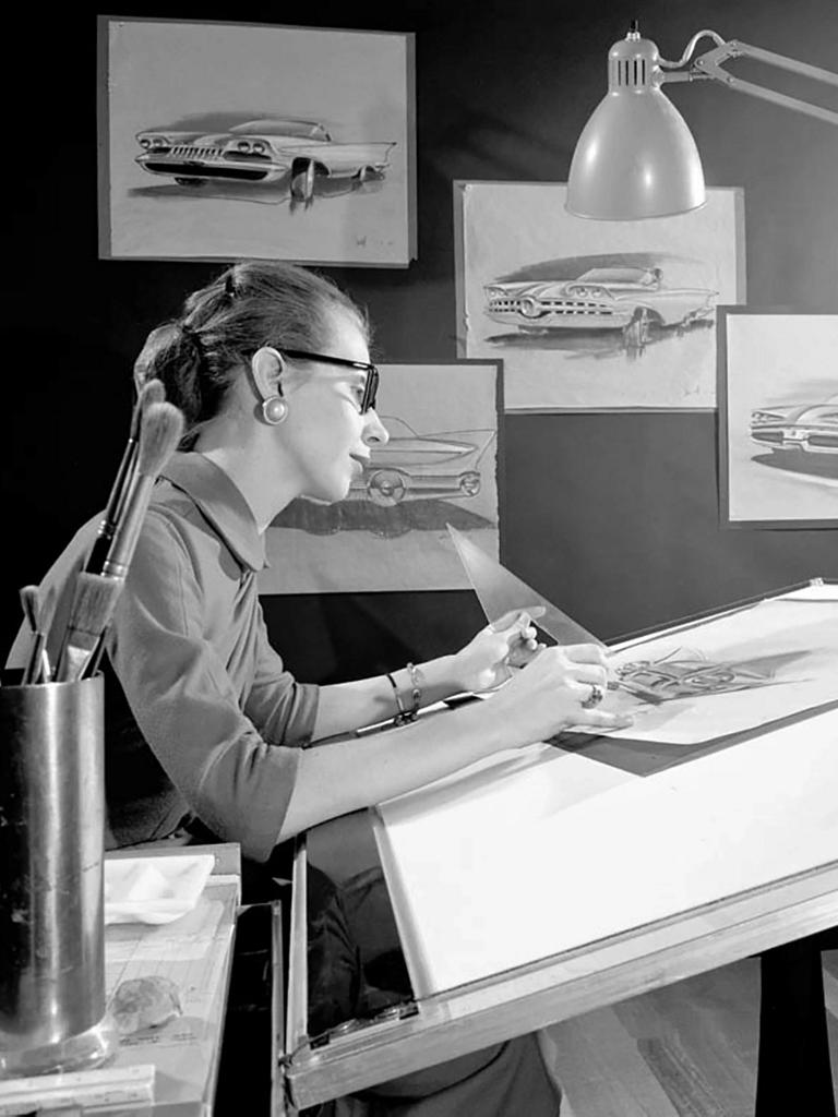 A woman working at the advanced styling studio in 1956