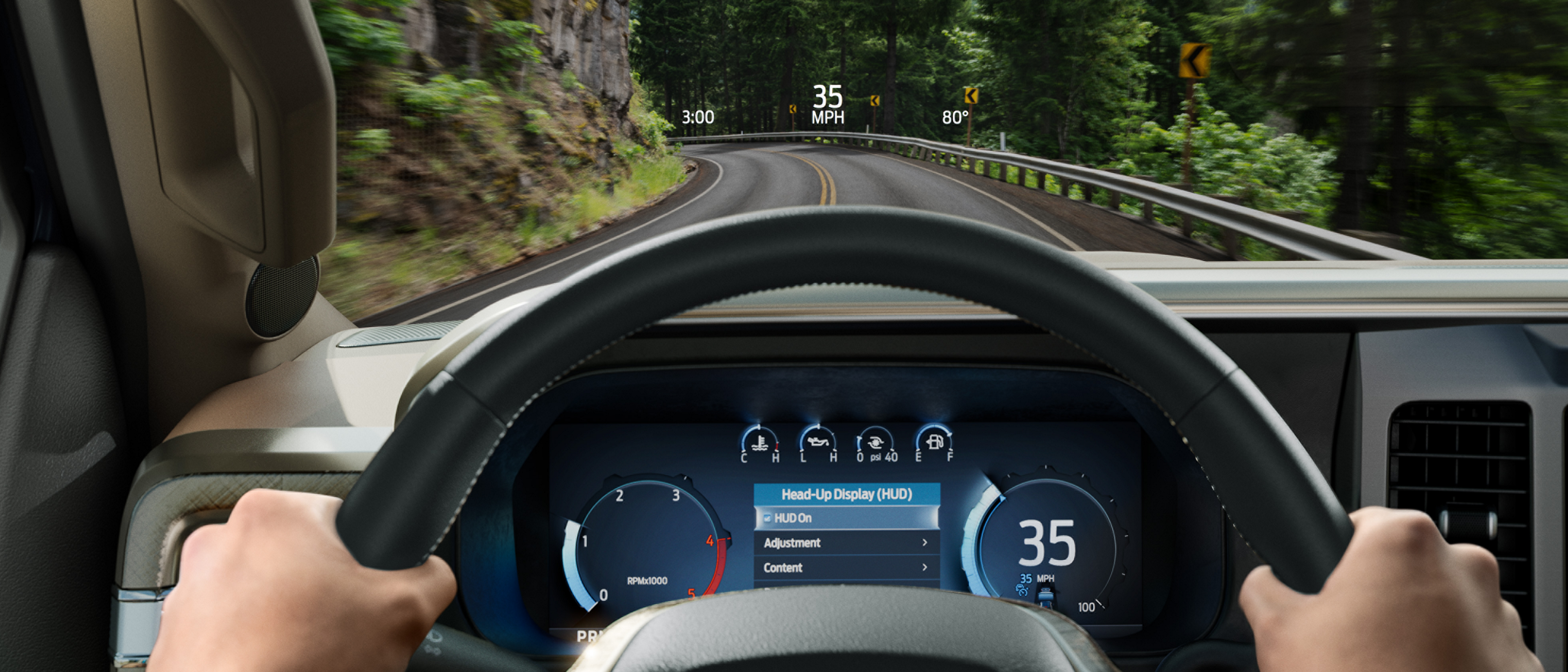 A person driving their 2027 Ford Super Duty® truck from their point of view, while using the head-up display feature