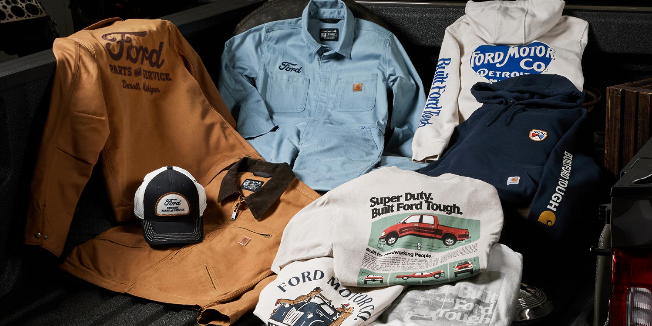 Collection of Carhartt® and Ford branded merchandise on display in a truck bed