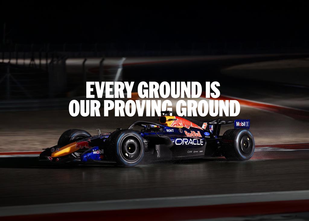 A Red Bull Formula One car racing around a track