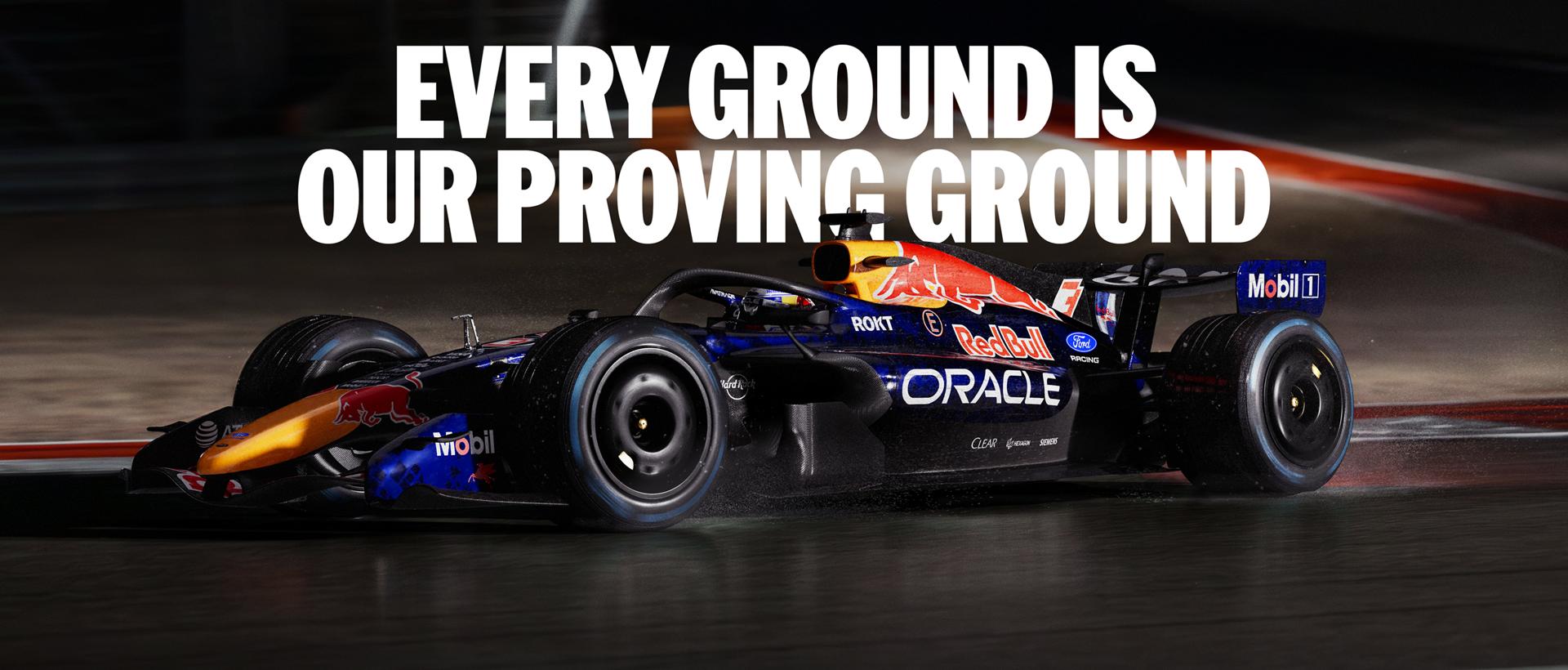 A Red Bull Formula One car racing around a track