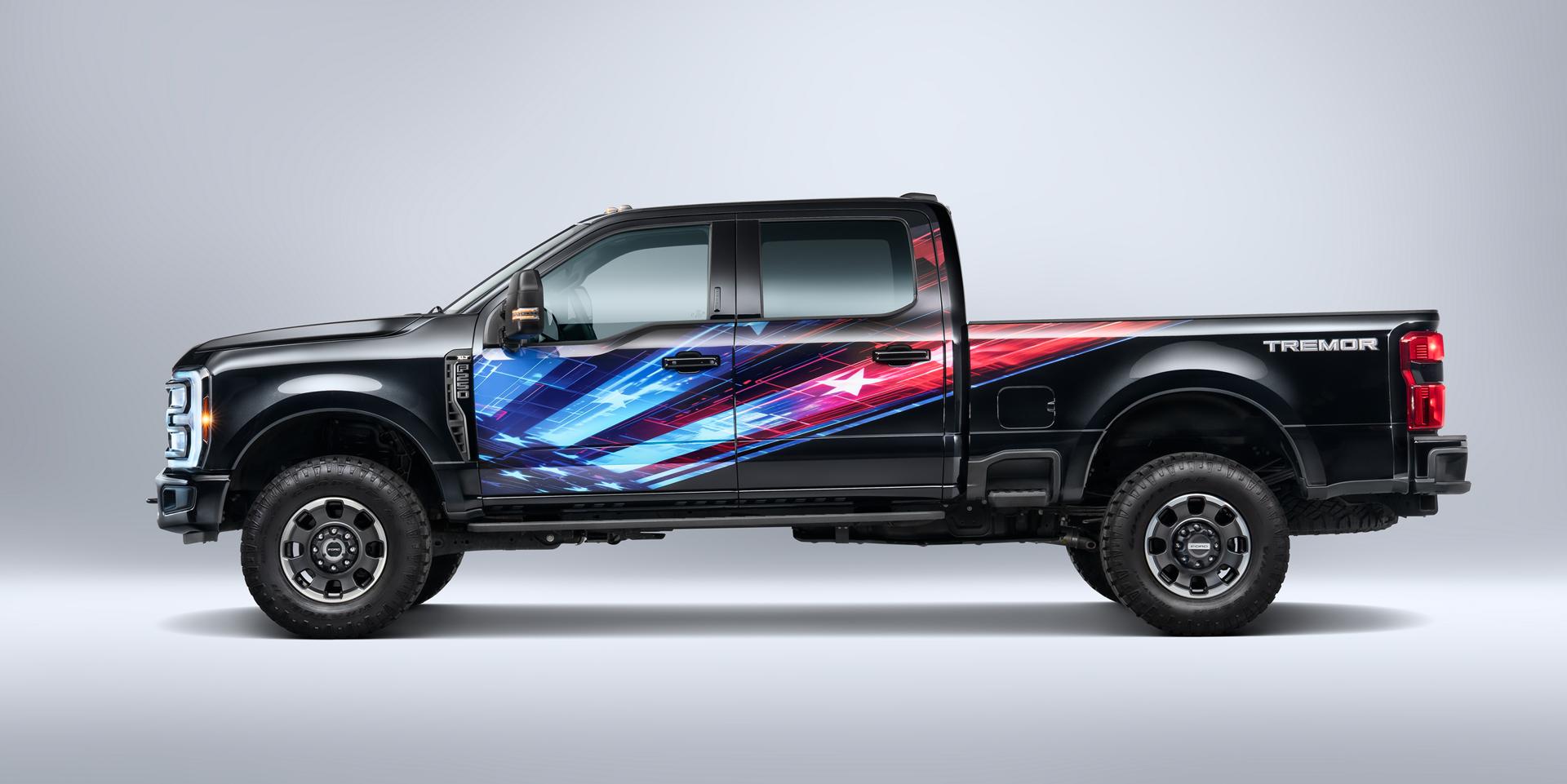 Side view of black truck with flag decal