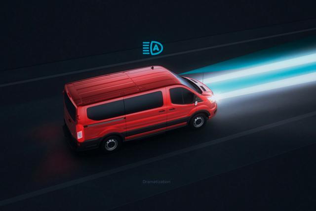 Video dramatization of a 2025 Ford Transit® model with auto high-beam headlamps