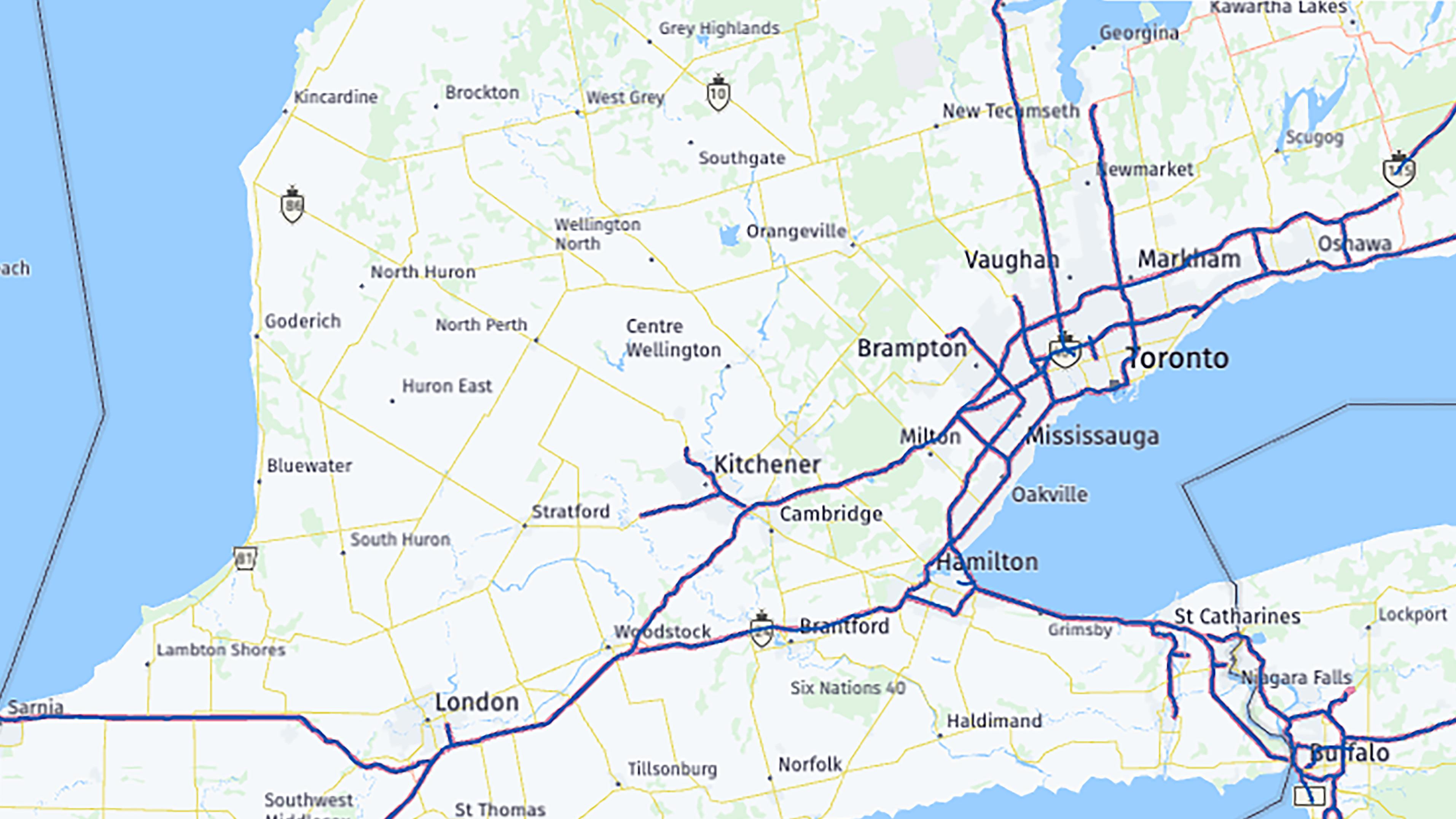 A map of the United States showing Blue Zone highways