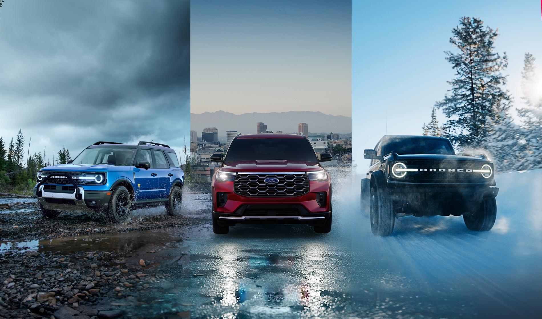 A Ford Bronco Sport, Explorer, and Bronco are shown driving through various road conditions, including mud, rain, and snow.