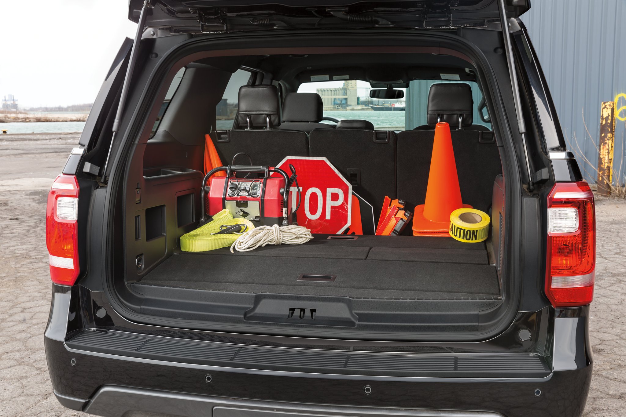 The rear cargo area of the twenty twenty one ford expedition special service vehicle