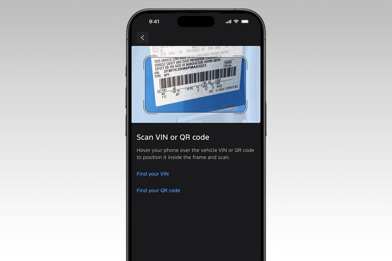 The Ford app scan VIN screen