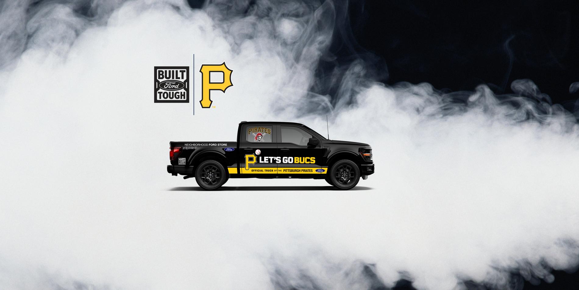 A Ford F-150 STX wrapped with Pittsburgh Pirates Branding and Neighborhood Ford Store branding.