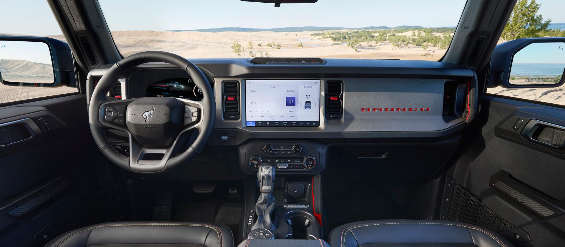 The dashboard of a 2026 Ford Bronco® SUV, showing the 12-inch touchscreen