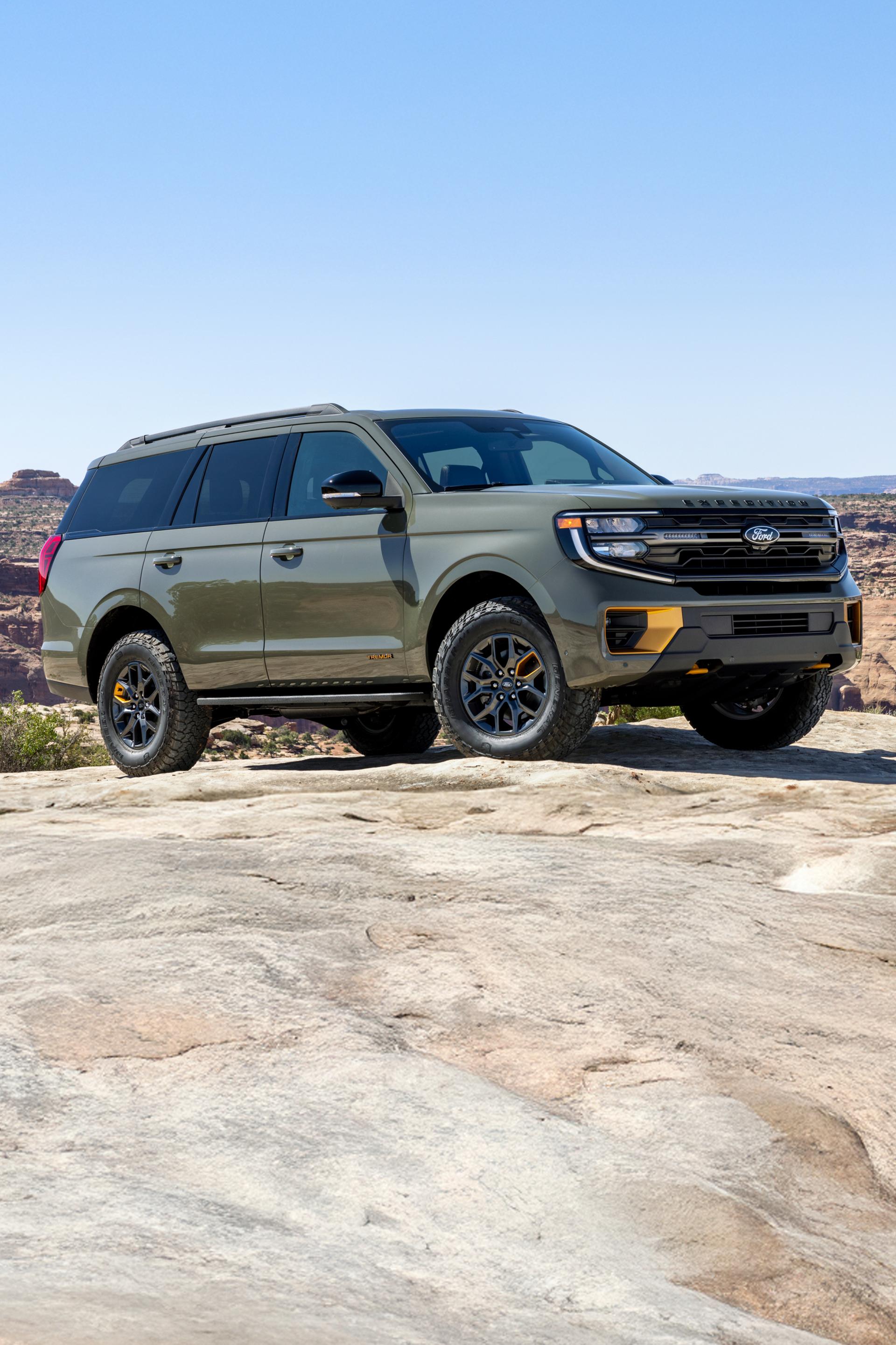 A gray 2025 Ford Expedition Tremor model parked on dirt in a mountainous area