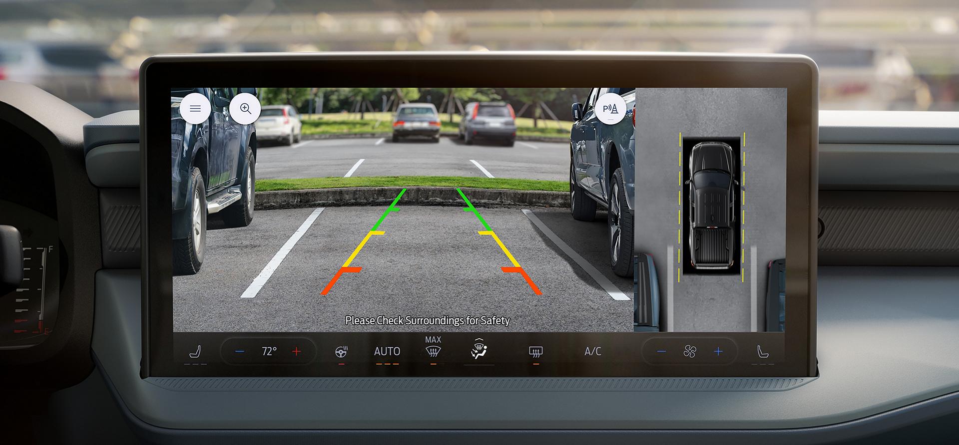Close-up of the 13.2-inch center display showing the reverse camera view