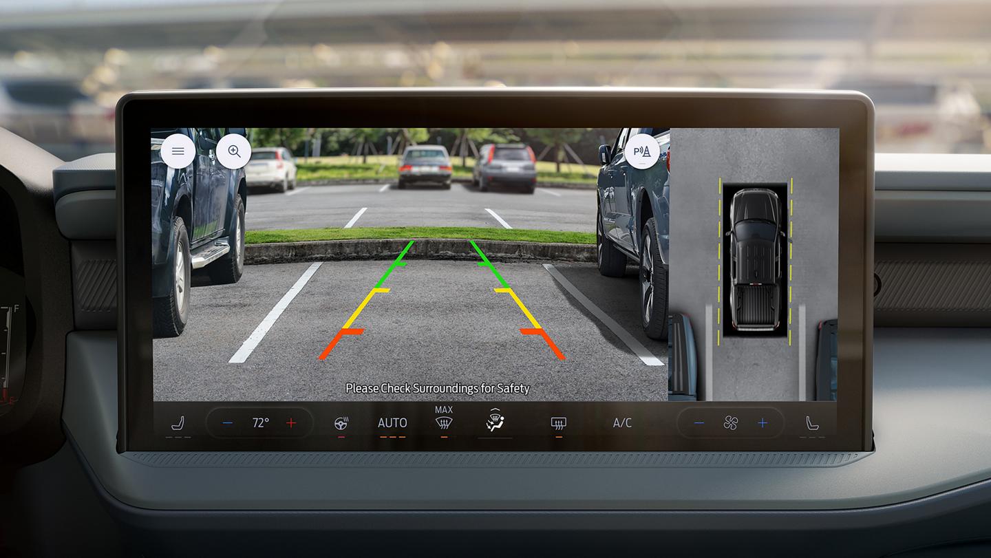 Close-up of the 13.2-inch center display showing the reverse camera view