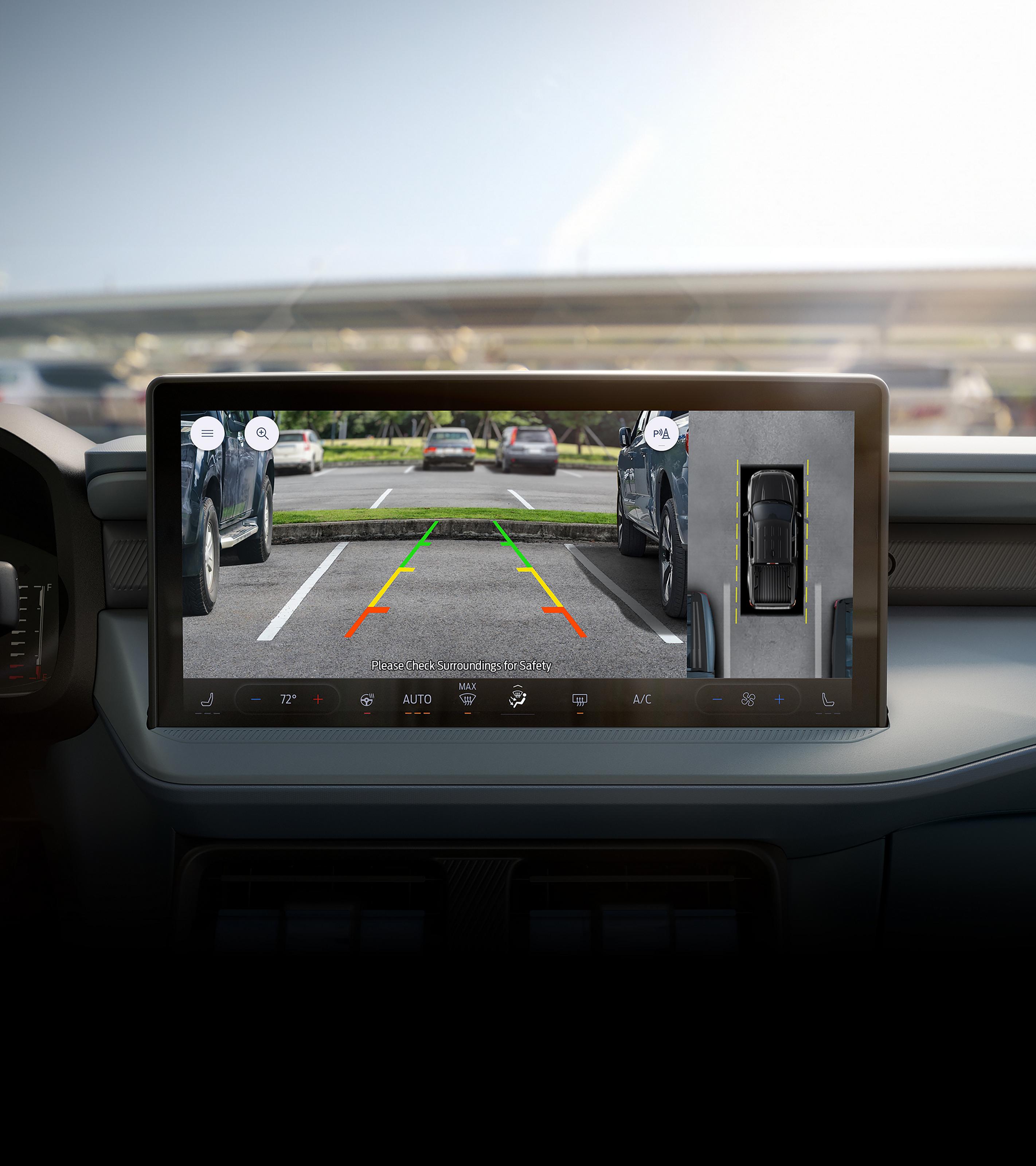 Close-up of the 13.2-inch center display showing the reverse camera view