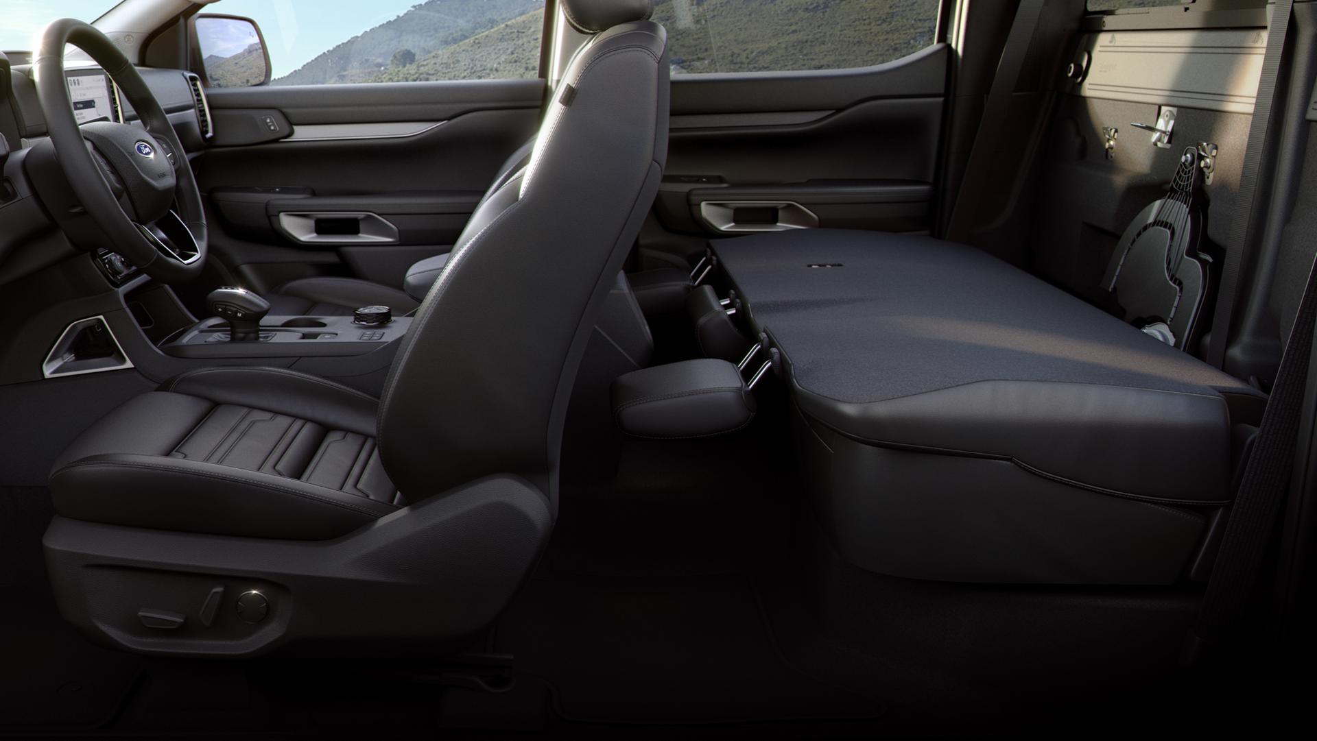 Interior view of the Fold Flat Seating feature inside the 2026 Ford Ranger® truck