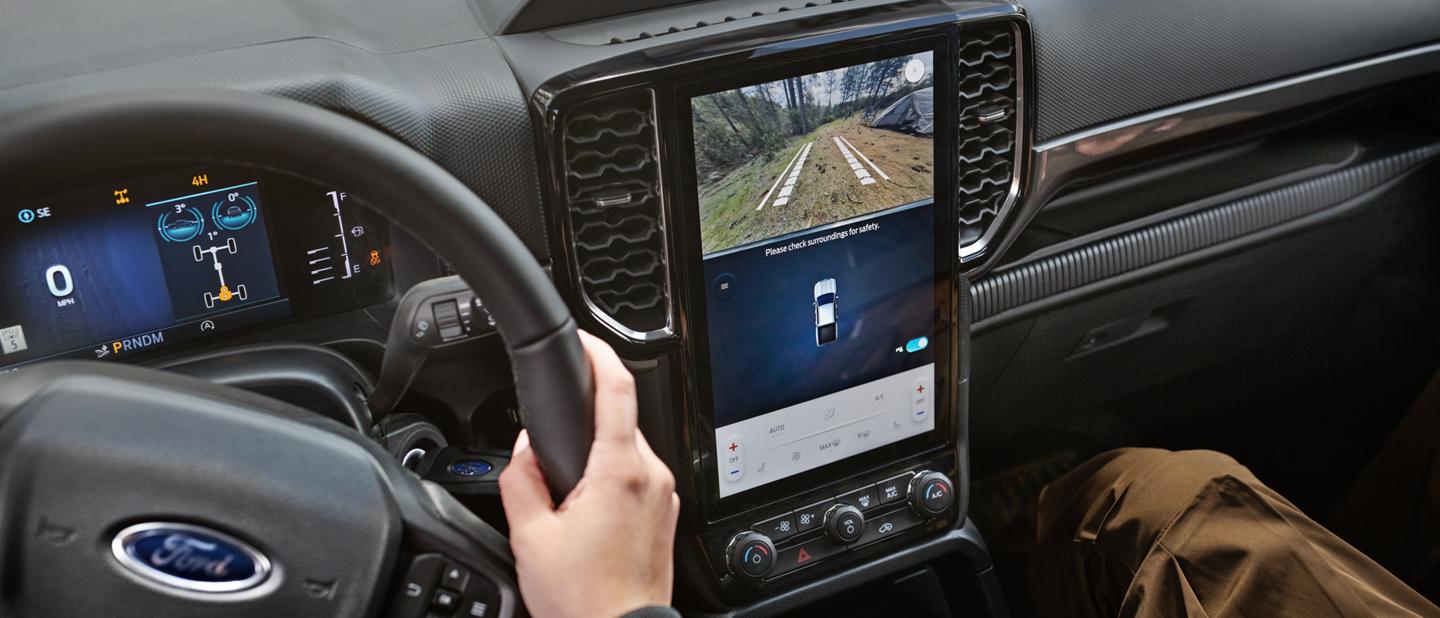Interior view of both the cluster display and center display inside the 2026 Ford Ranger® truck