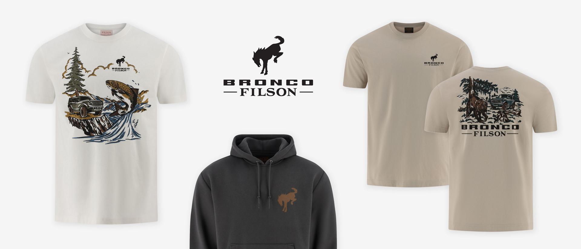 The Bronco® Filson™ logo surrounded by some of the available Ford x Filson merchandise, including two t-shirts and a hoodie