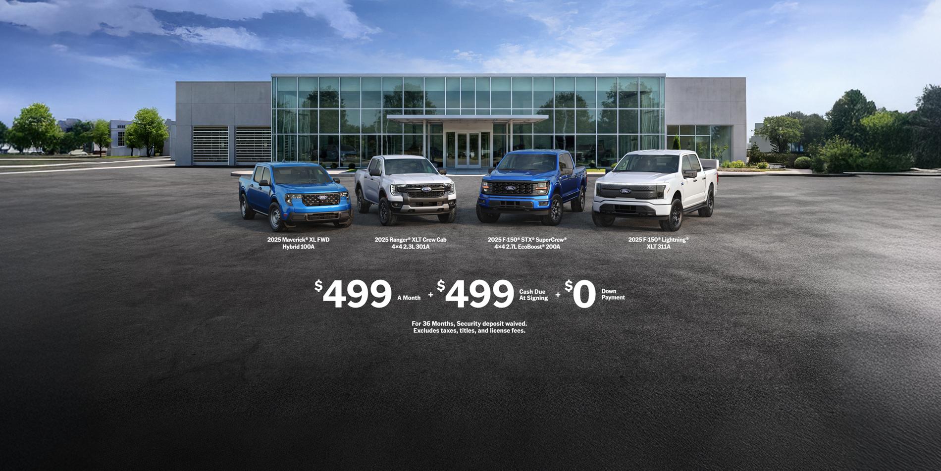 A Ford dealership with family of Ford trucks promoting the Truck Month Sales Event