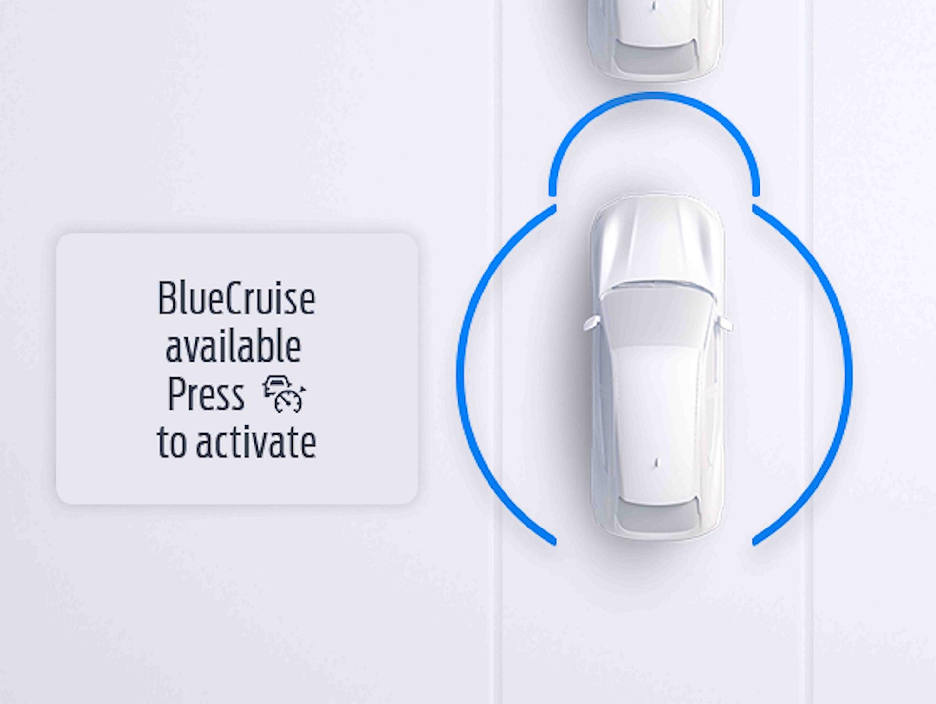 BlueCruise button symbol with text that reads BlueCruise available; press to activate