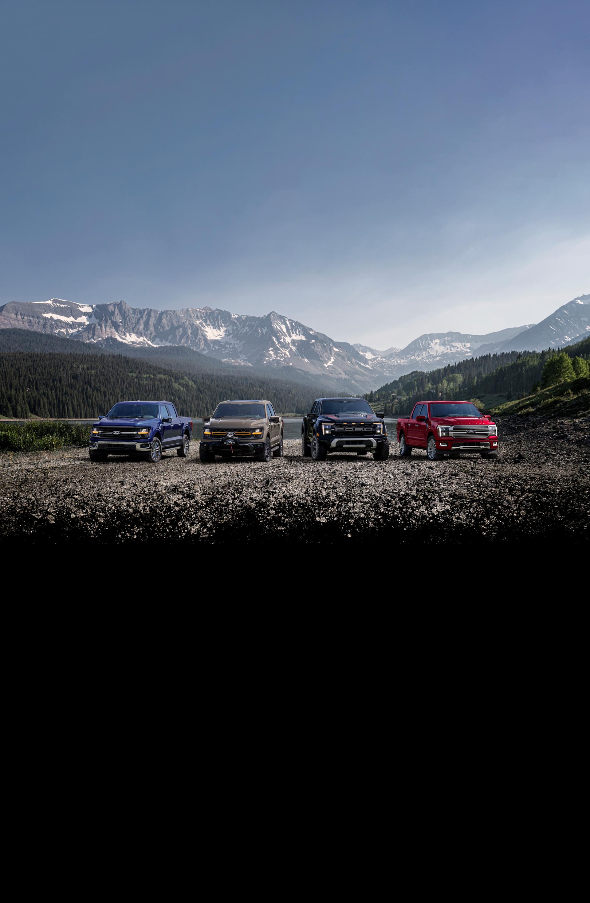 Full lineup of F-150® pickups parked overlooking a mountain range