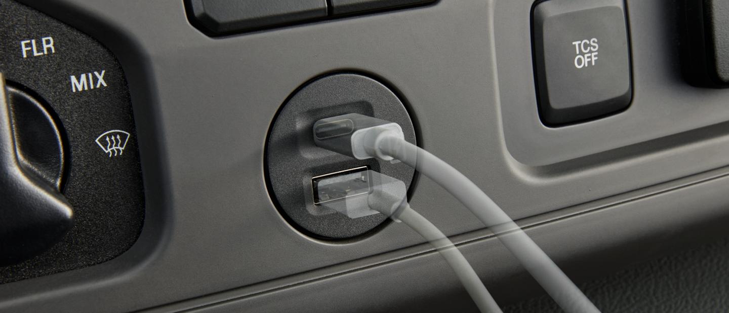 Close-up of the 2026 Ford E-Series Cutaway Dual Smart USB Port