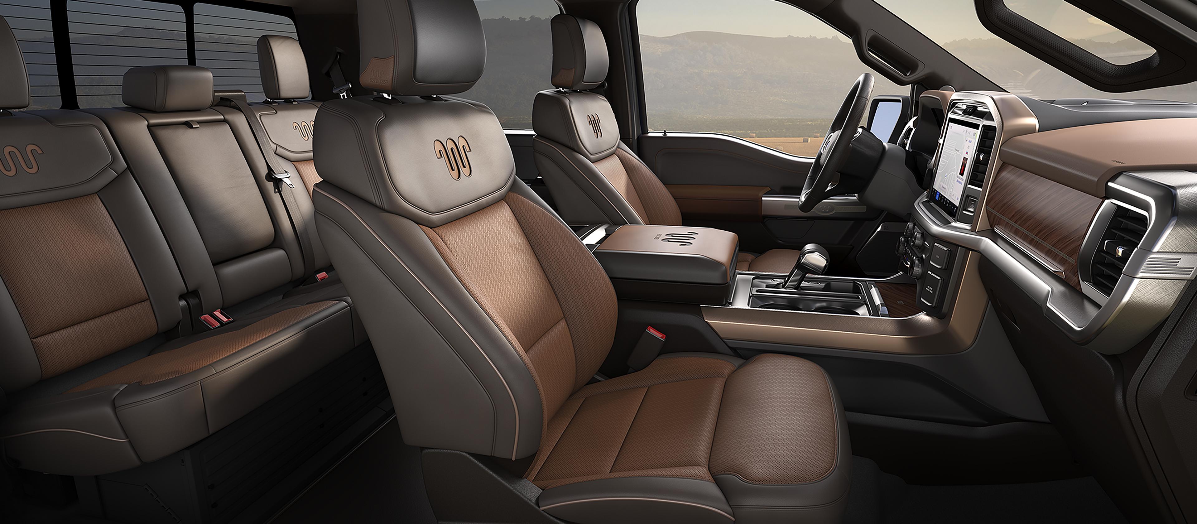 Interior of a 2026 Ford F-150® King Ranch® model with the Java color leather-trimmed seats