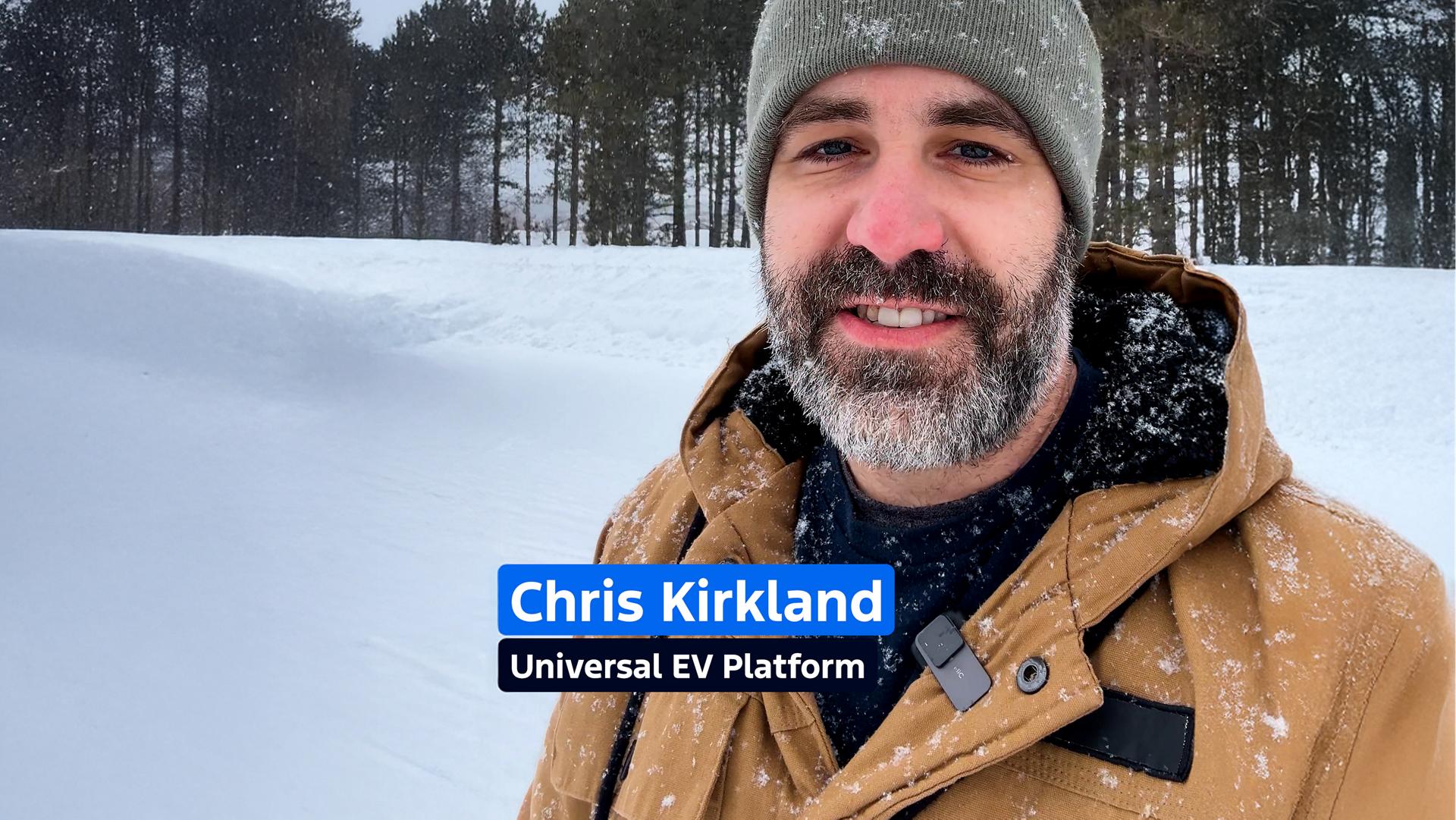 Universal EV platform team member Chris Kirkland standing on a snowy plain