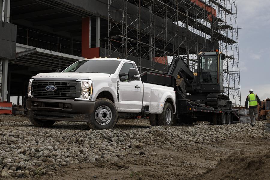 2025 Ford Super Duty® F-350® XL DRW model in Oxford White parked at a construction site
