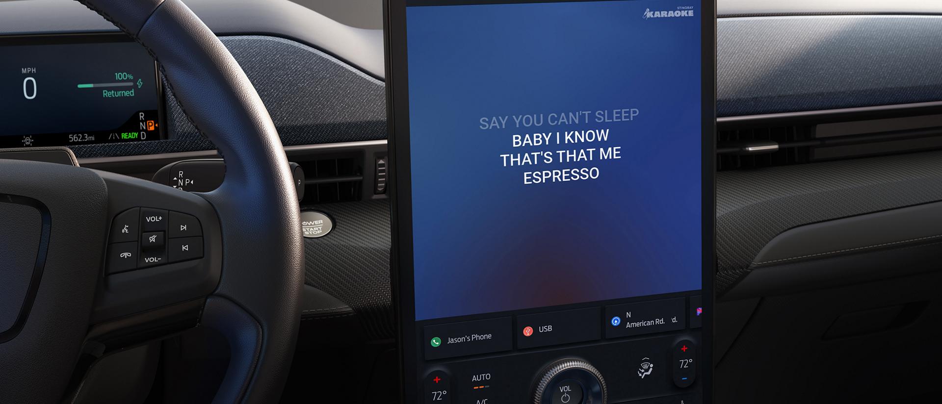 Karaoke lyrics displayed on the 15.5" center display in the 2026 Ford Mustang Mach-E® SUV