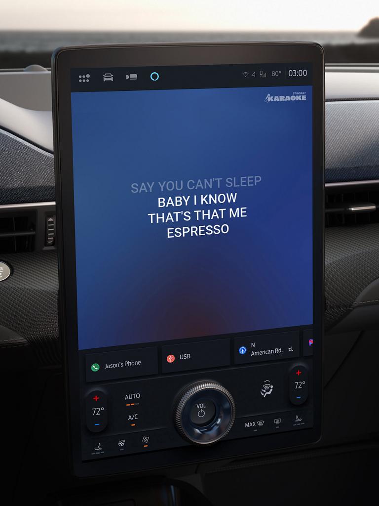 Karaoke lyrics displayed on the 15.5-inch center display in the 2026 Ford Mustang Mach-E® SUV