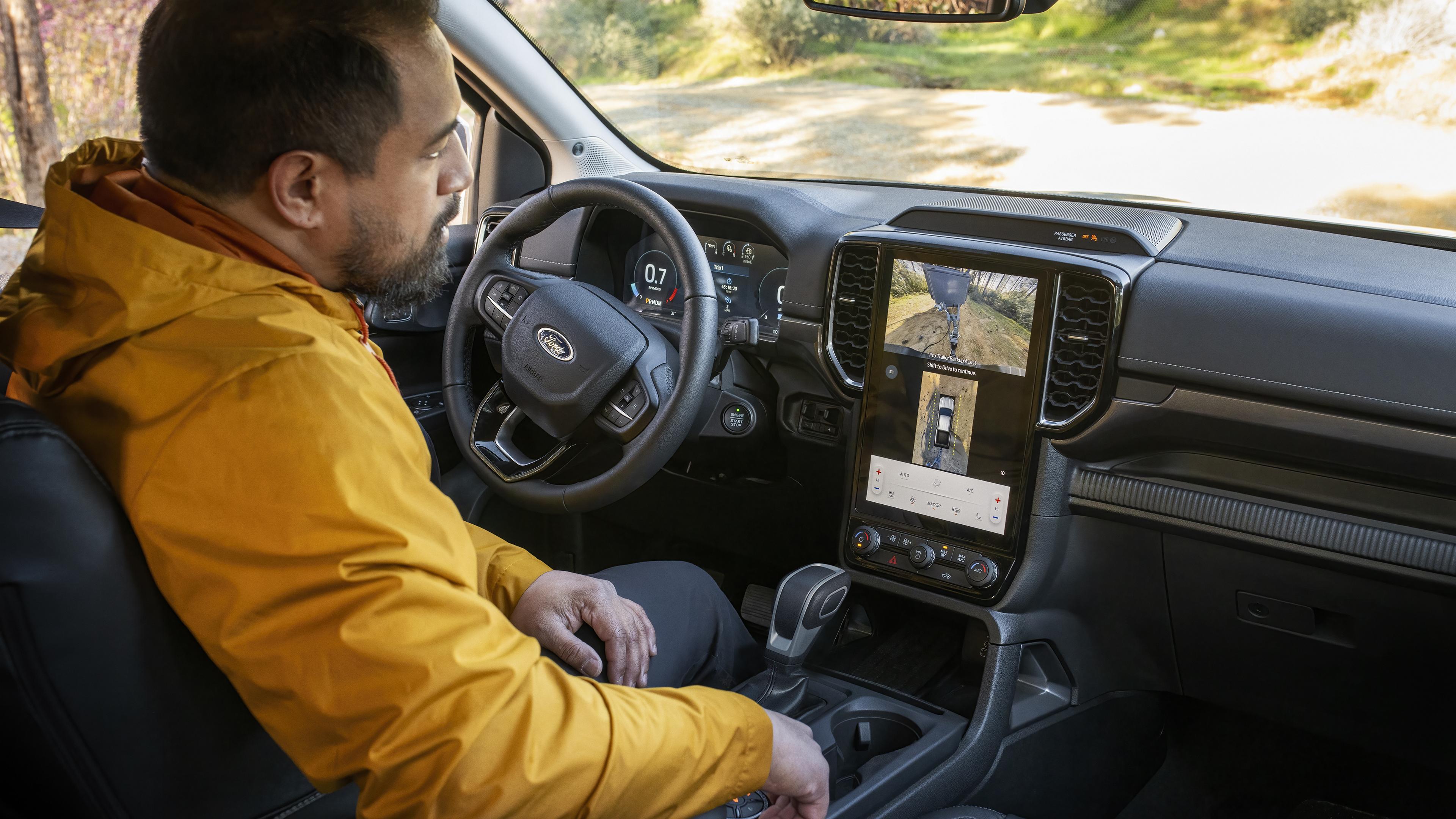 A person using the 360-Degree Camera feature inside their 2026 Ford Ranger® Lariat® truck