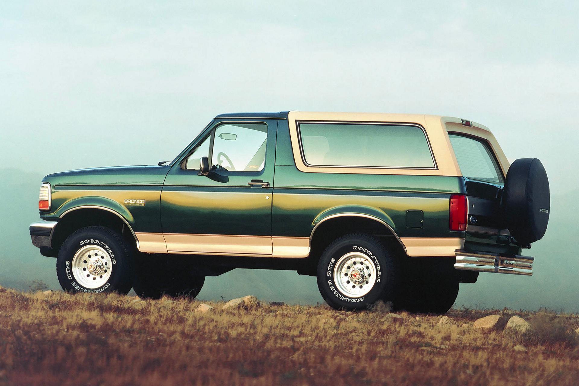 A vintage two-tone 1993 Ford Bronco® model parked in front of a blue horizon