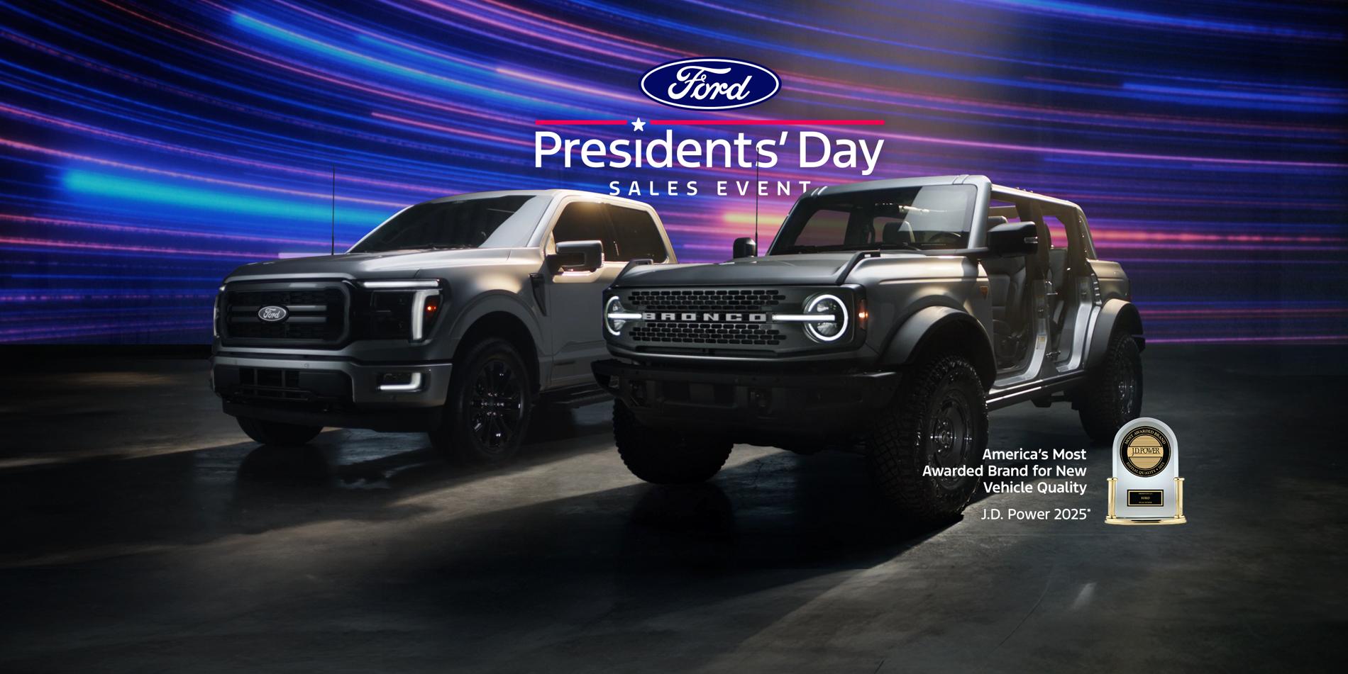 A Ford F-150® Truck and Bronco SUV are shown in a studio with a red, white and blue background to honor Presidents’ Day. 