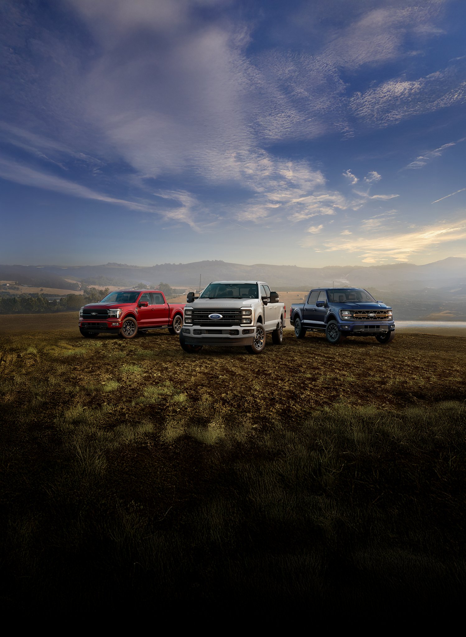 A family of Ford F-Series® trucks parked to tout JD Power awards for Highest Initial Quality