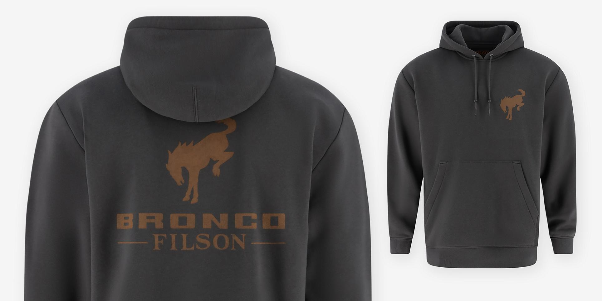 The front and reverse of a black hoodie illustrated with a bucking bronco and the Bronco® Filson logo