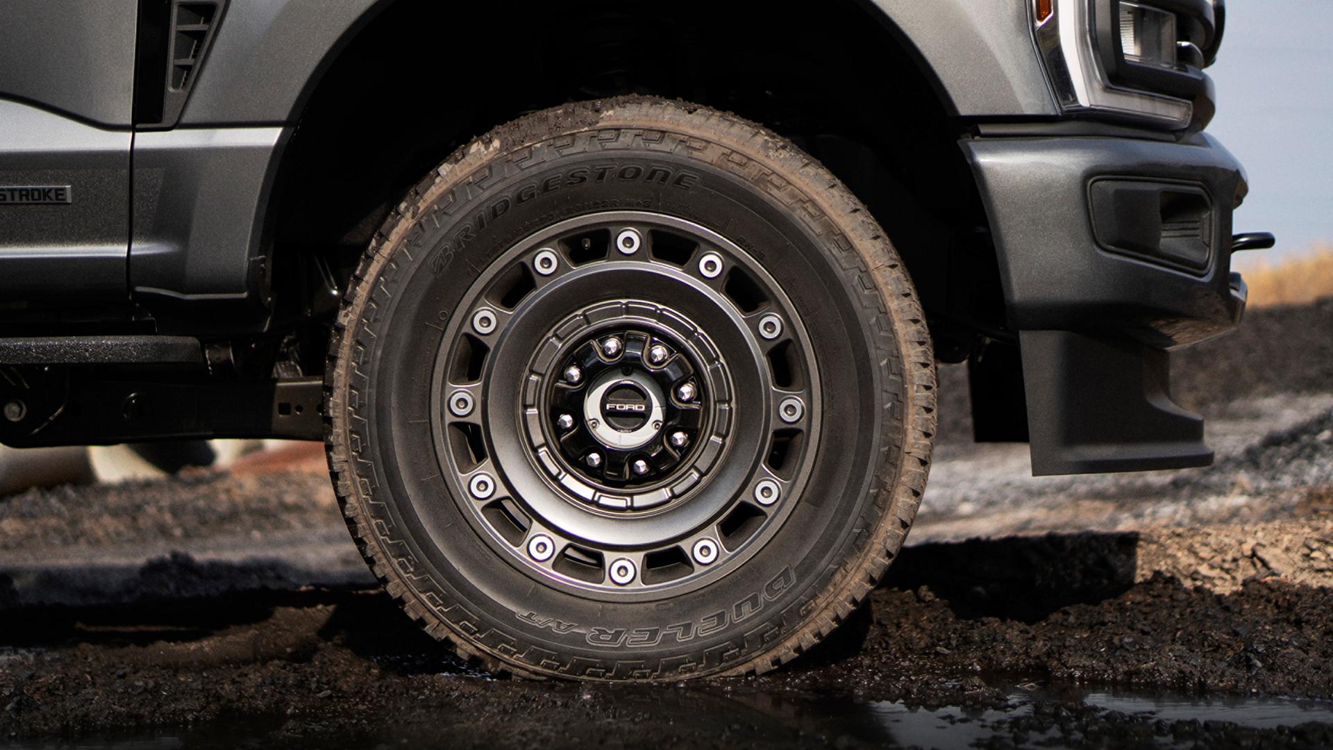 Close up of the wheel on the 2027 Ford Super Duty® F-350® XLT model with the Super Duty Carhartt® Package